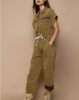 Waist Drawstring Rolled Short Sleeve Pocket Jumpsuit