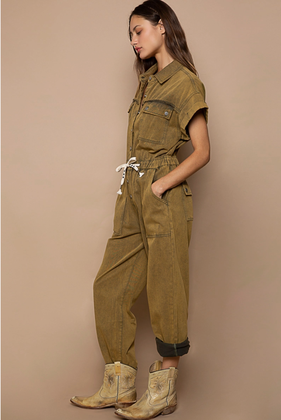 Waist Drawstring Rolled Short Sleeve Pocket Jumpsuit