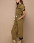 Waist Drawstring Rolled Short Sleeve Pocket Jumpsuit