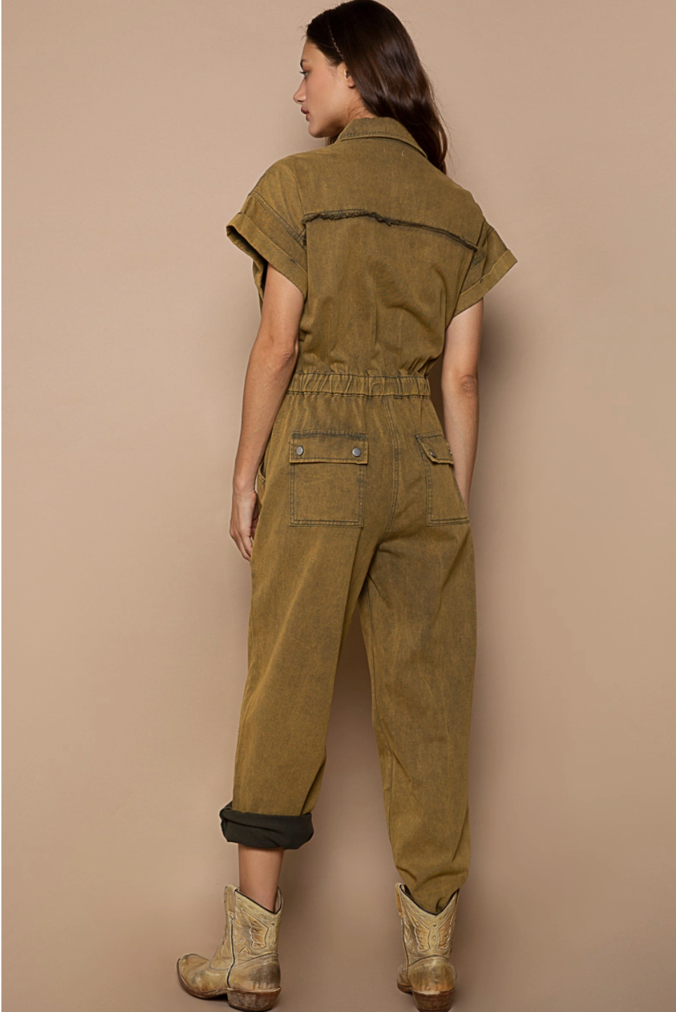 Waist Drawstring Rolled Short Sleeve Pocket Jumpsuit