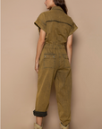 Waist Drawstring Rolled Short Sleeve Pocket Jumpsuit