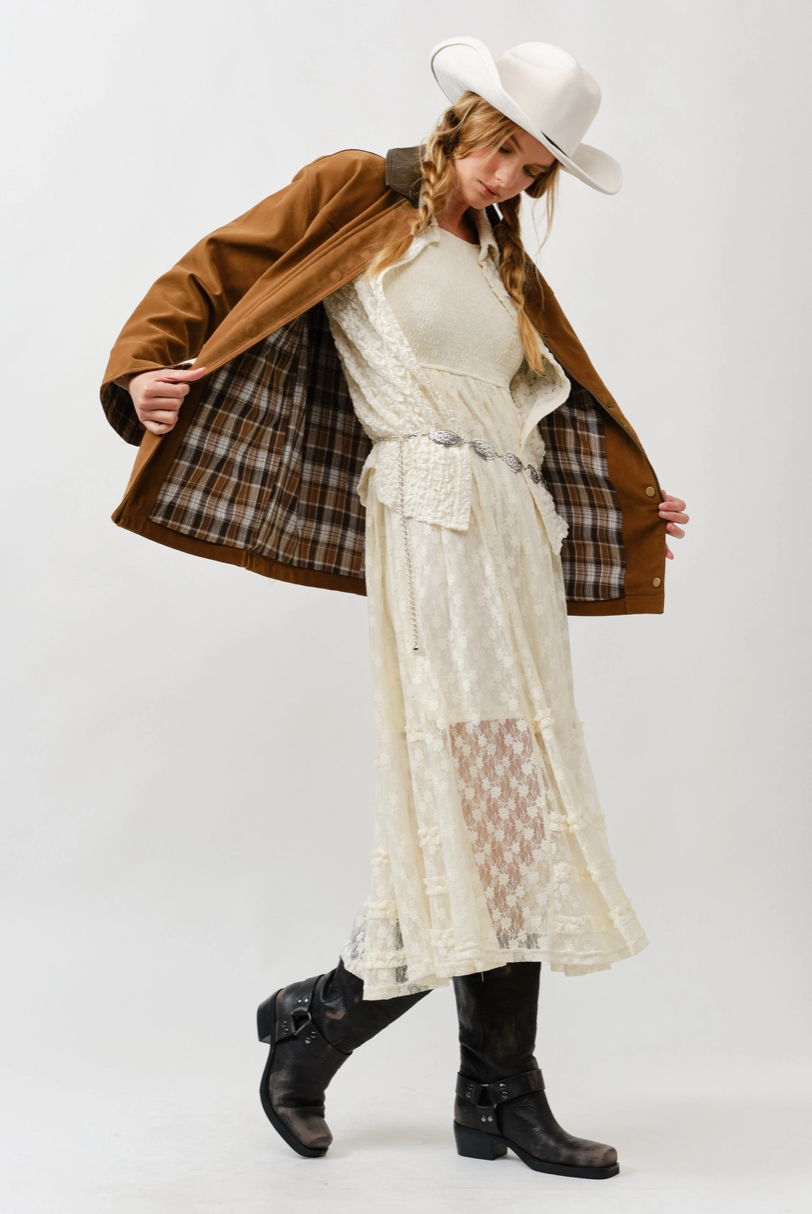 Suede Casual Jacket with Leather Collar