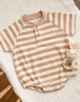 TERRY HENLEY ROMPER LATTE STRIPE, Quincy Mae